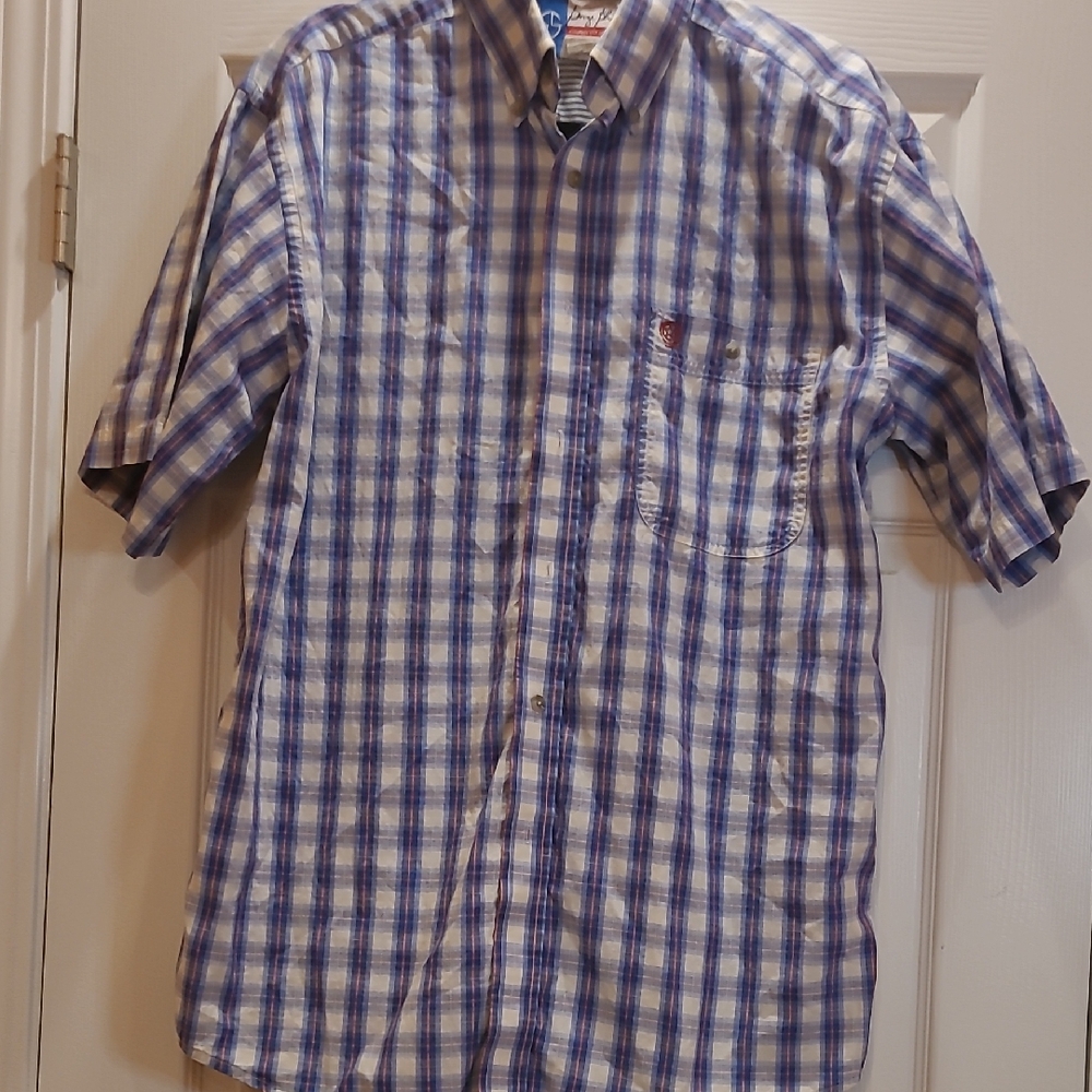 Wrangler George Strait Men's White and Blue Checkered S/S Button Shirt-Sz M